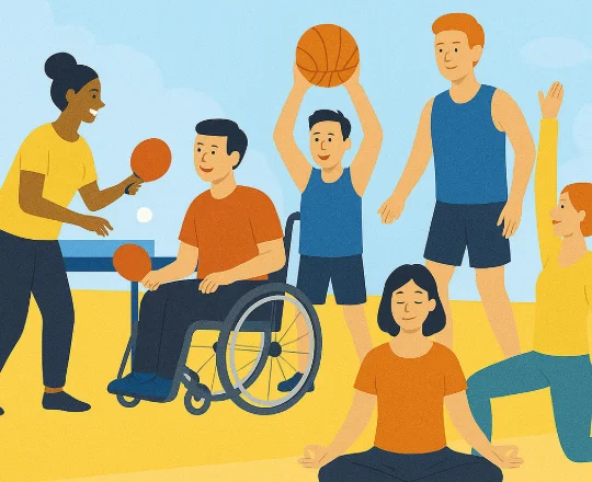 Several people, one of them in a wheelchair, playing different kinds of sports together